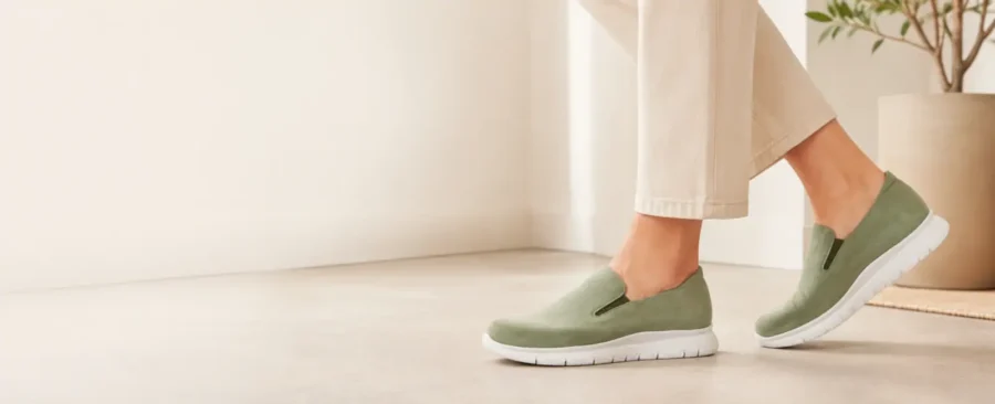 Scarpe comode Tomasi Shop verde salvia con tomaia morbida e suola stabile, pensate per chi cerca più comfort in caso di alluce valgo