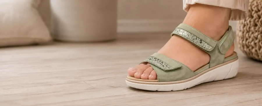 Sandalo verde Tomasi Shop indossato, con tomaia morbida e spazio in punta, per articolo sulle scarpe per dita a martello
