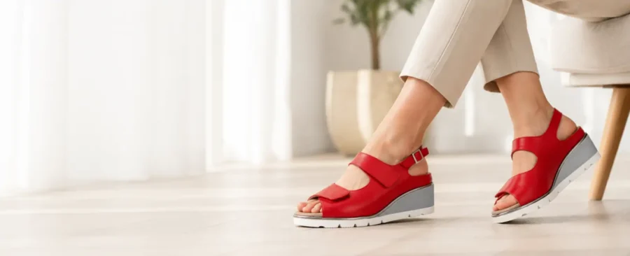 Sandalo comfort donna rosso Tomasi Shop pensato per fascite plantare con suola stabile e chiusura regolabile